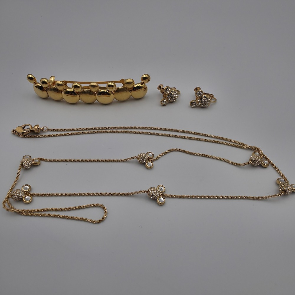 Vintage Disney Napier Gold Tone Mickey Mouse Necklace Earrings Barrette Set